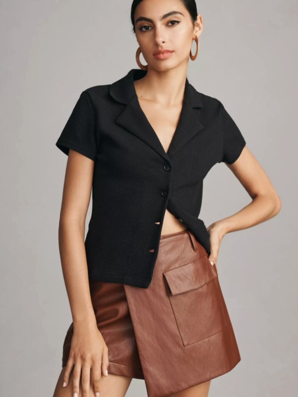Maeve Anthropologie Notched Lapel Crinkle Button Front Short Sleeve Top White,S - Picture 4 of 11